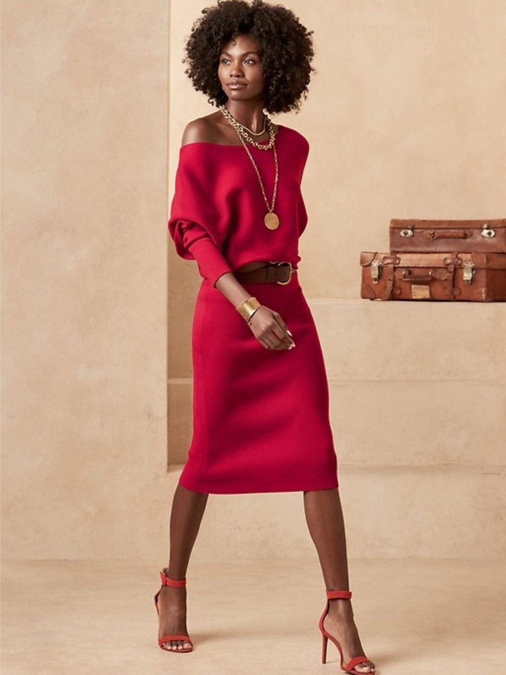 Banana Republic Red Off-Shoulder Midi Knit Dress